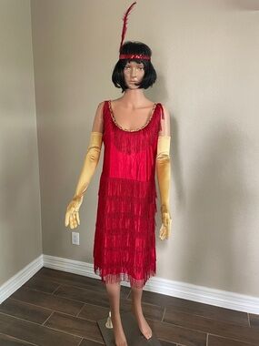 20’s Flapper dress medium red with gold trim, gloves & headband